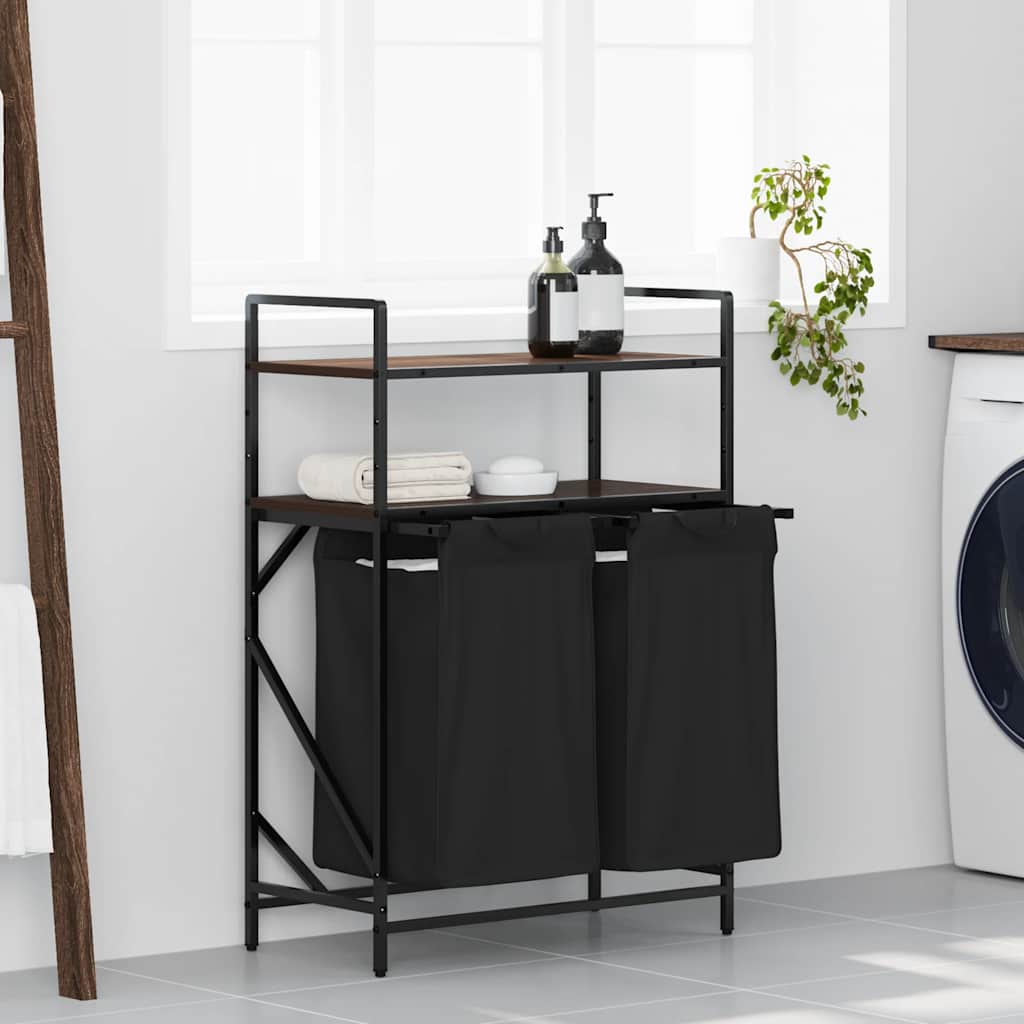 Laundry Basket 2 Compartments with Shelves Brown Oak