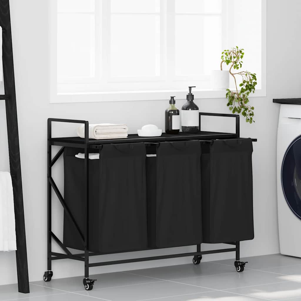 Laundry Basket 3 Compartments with Wheels Black Oak
