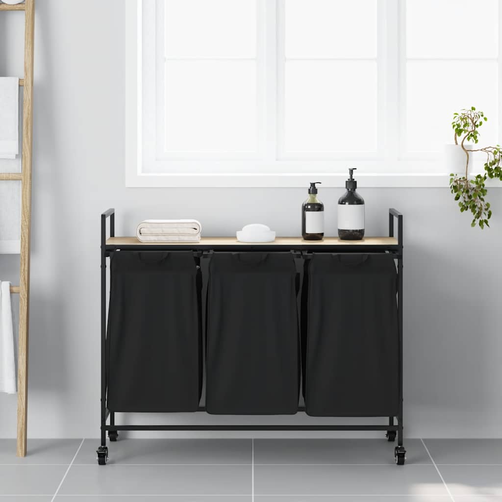 Laundry Basket 3 Compartments with Wheels Sonoma Oak