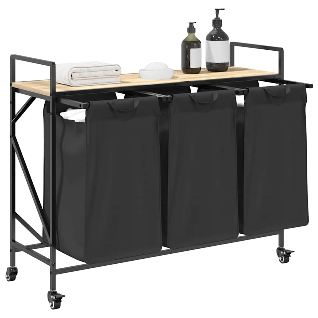 Laundry Basket 3 Compartments with Wheels Sonoma Oak
