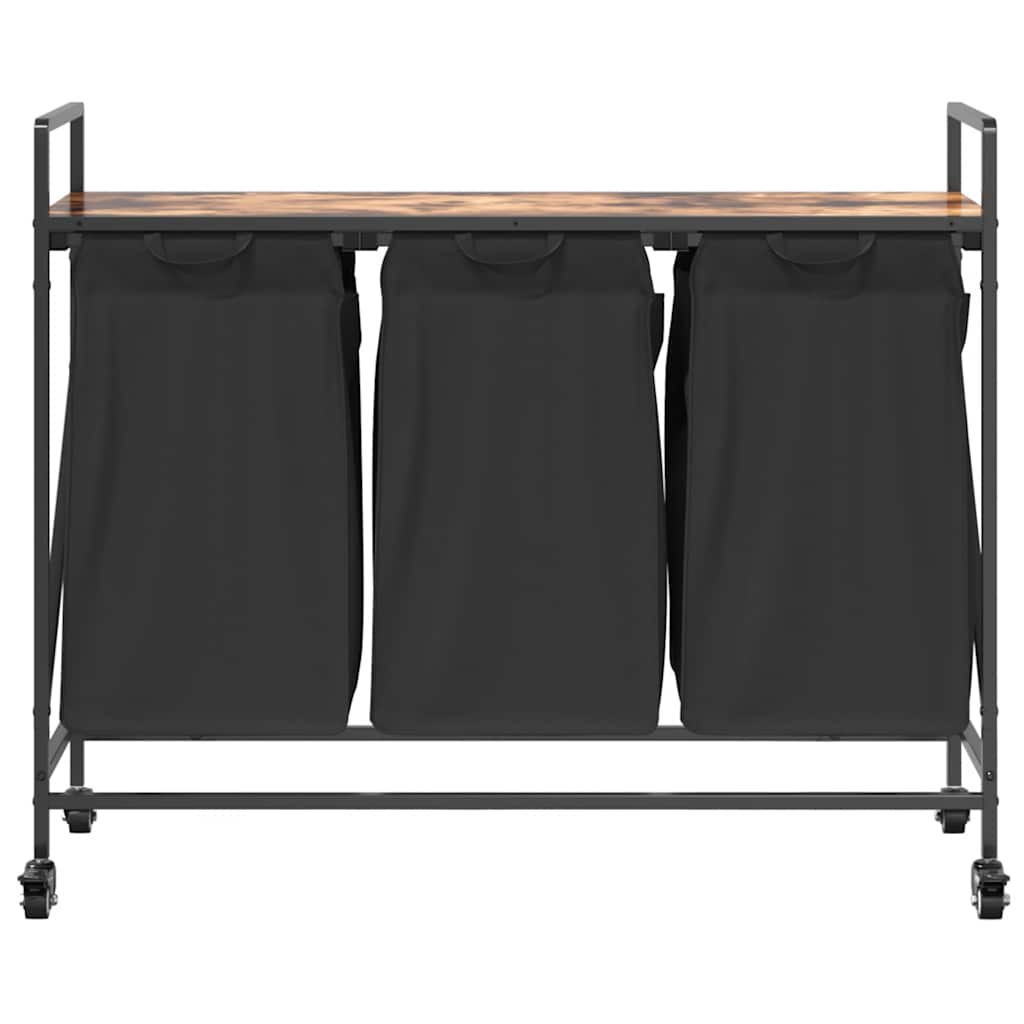 Laundry Basket 3 Compartments with Wheels Smoked Oak