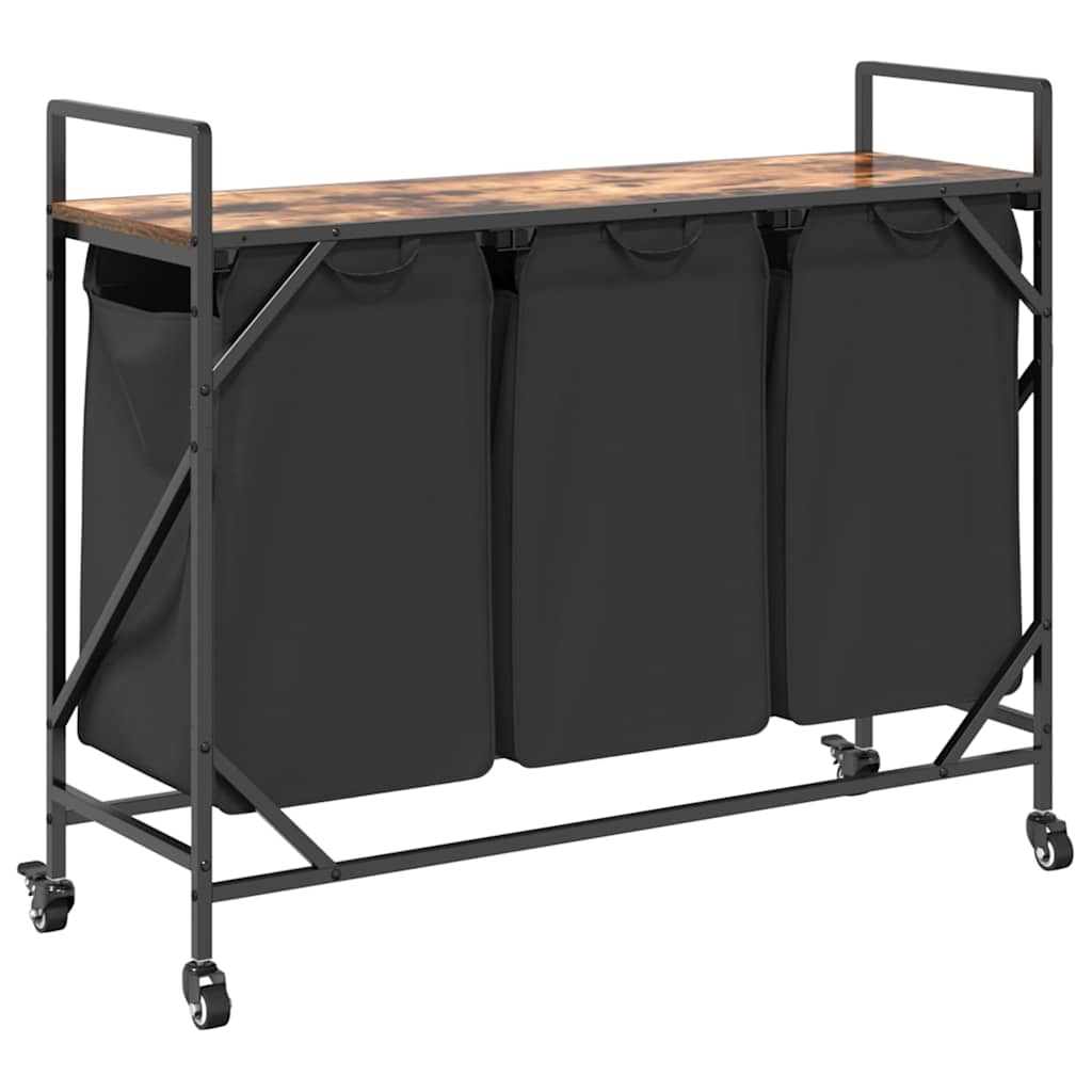 Laundry Basket 3 Compartments with Wheels Smoked Oak