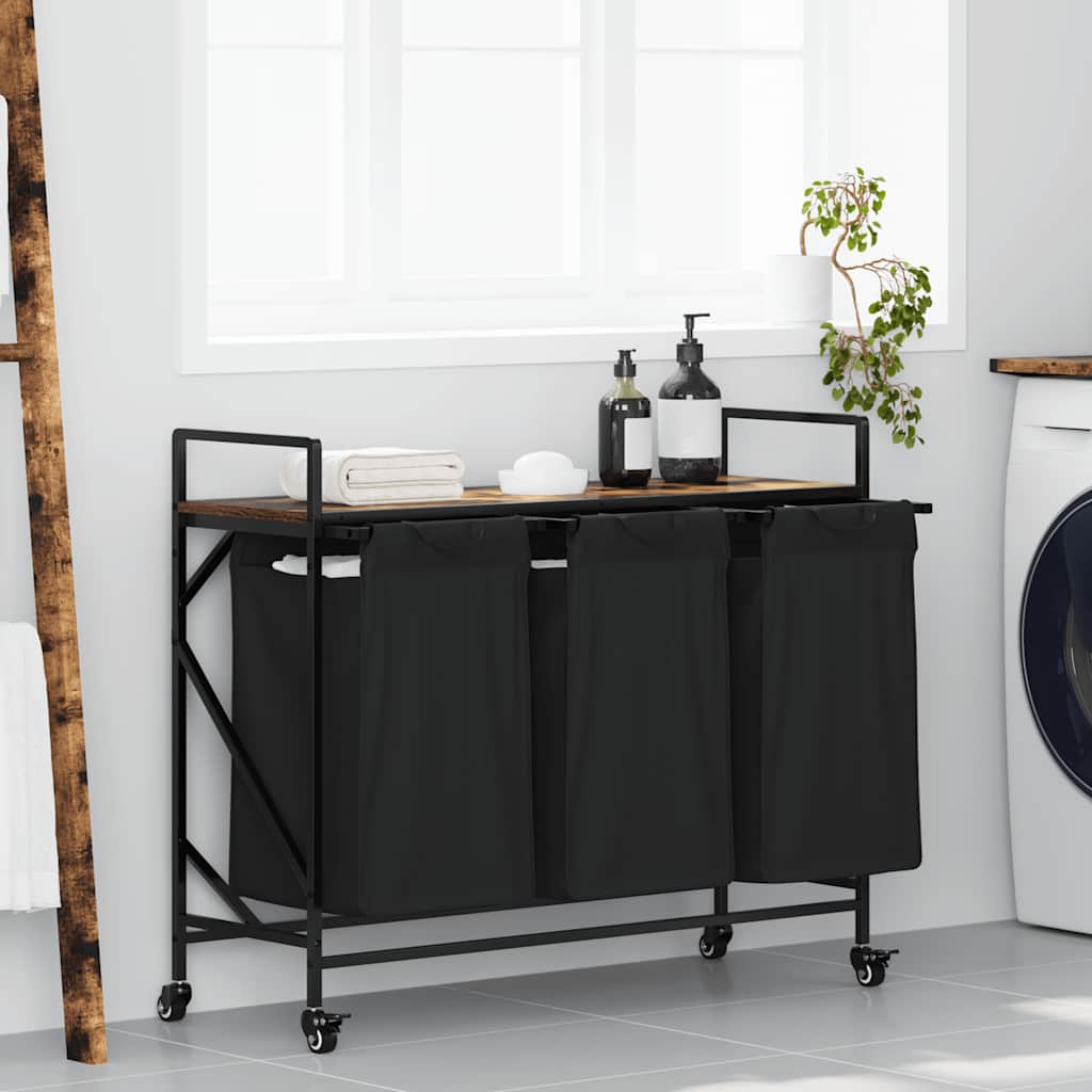 Laundry Basket 3 Compartments with Wheels Smoked Oak