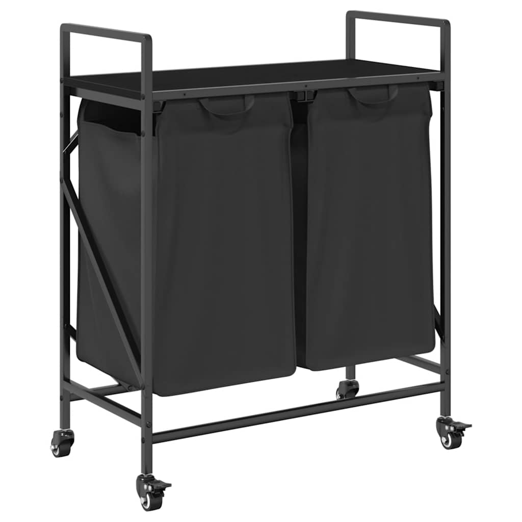 Laundry Basket 2 Compartments with Wheels Black Oak