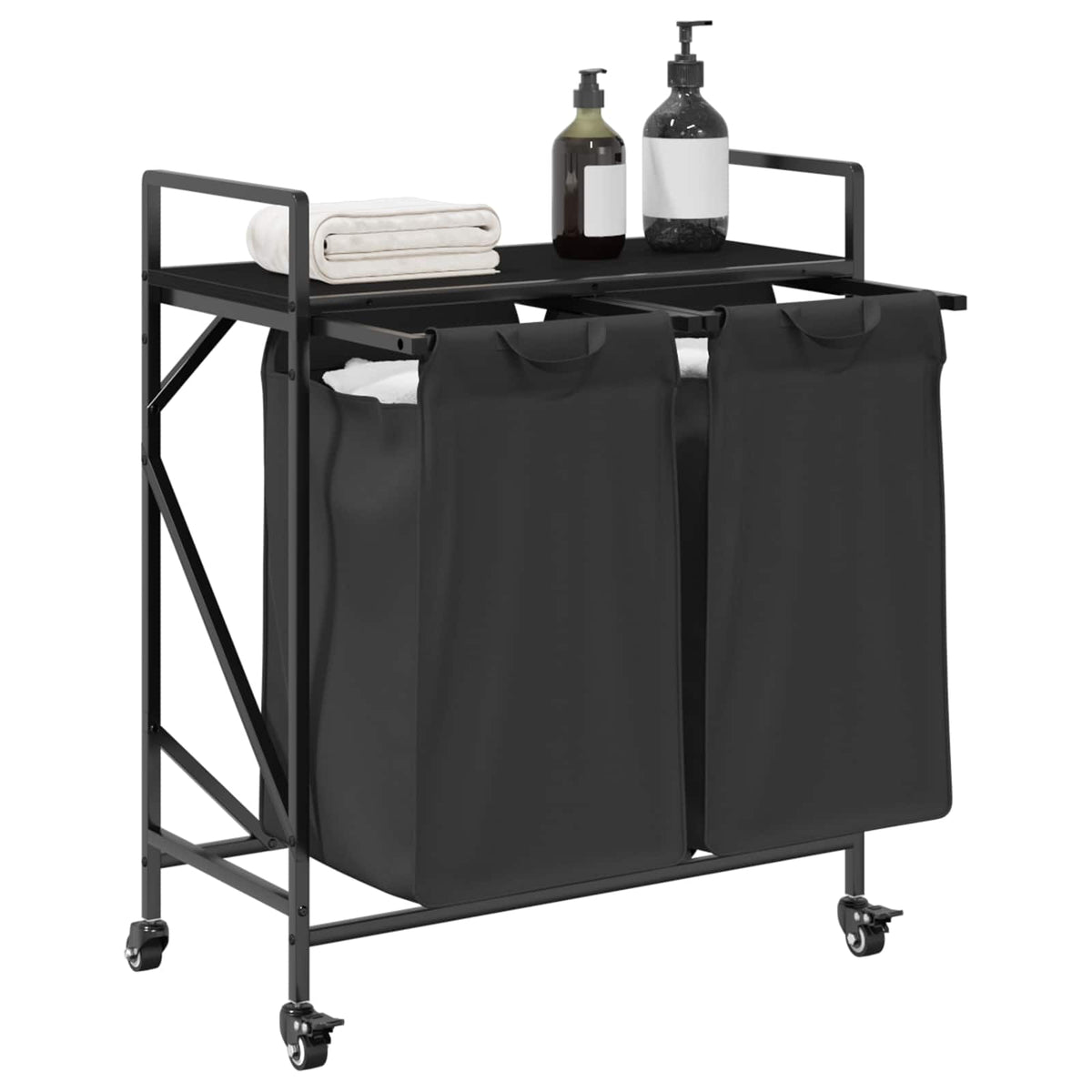 Laundry Basket 2 Compartments with Wheels Black Oak