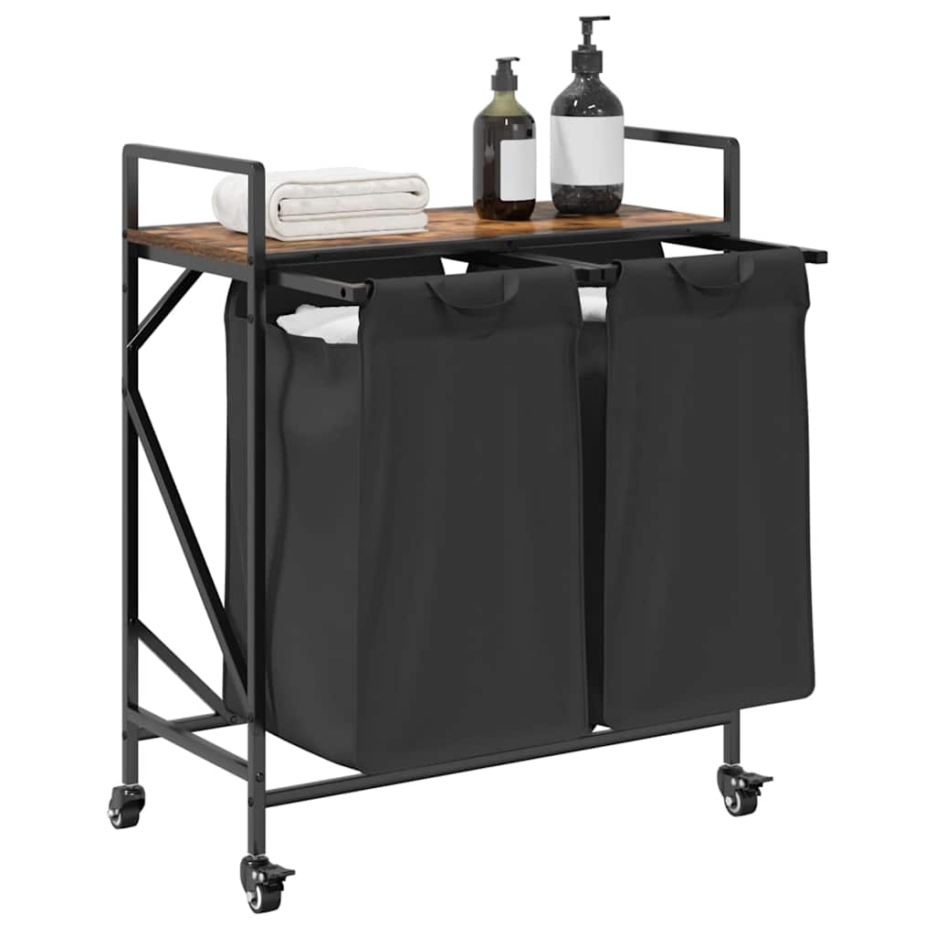 Laundry Basket 2 Compartments with Wheels Smoked Oak