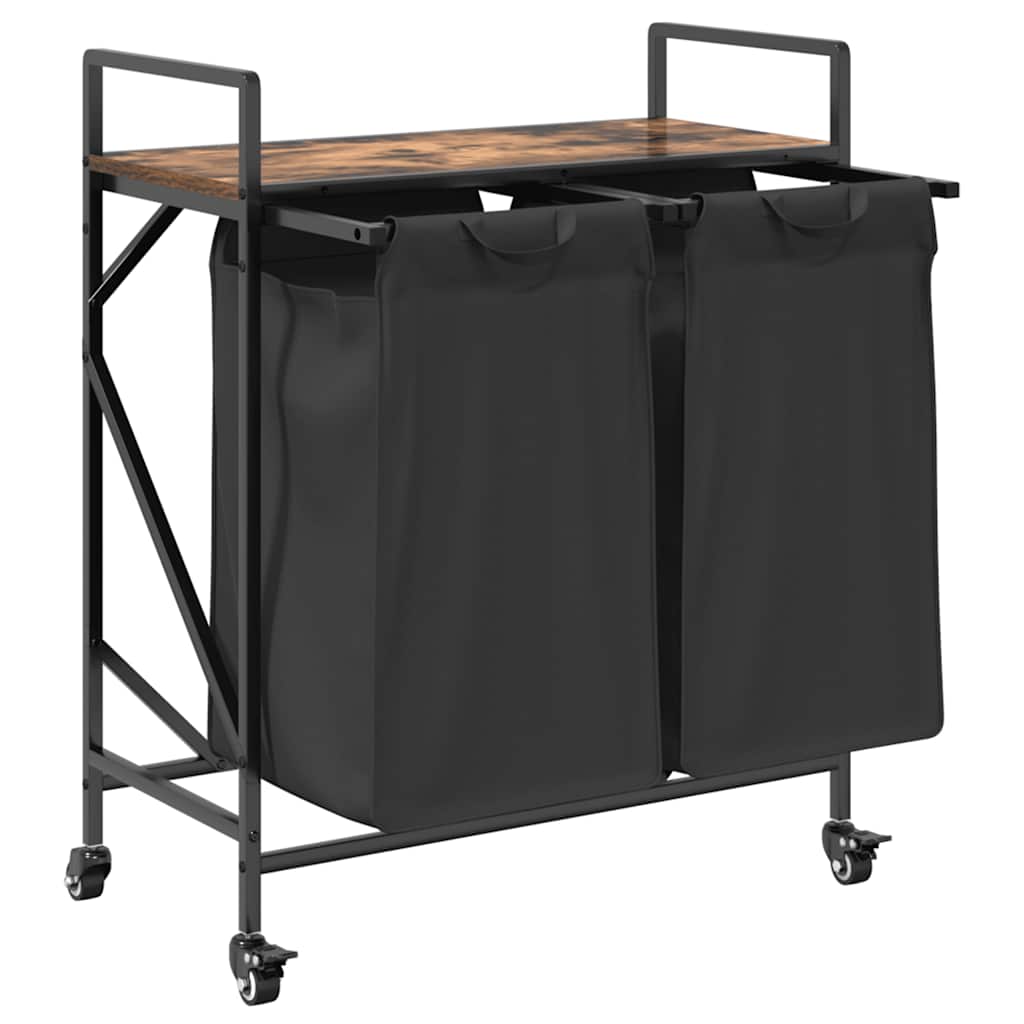 Laundry Basket 2 Compartments with Wheels Smoked Oak
