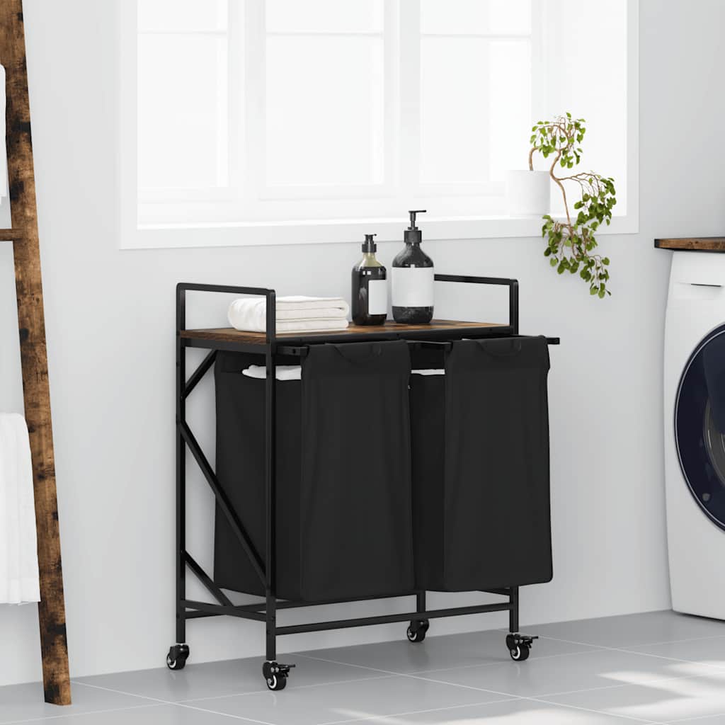 Laundry Basket 2 Compartments with Wheels Smoked Oak