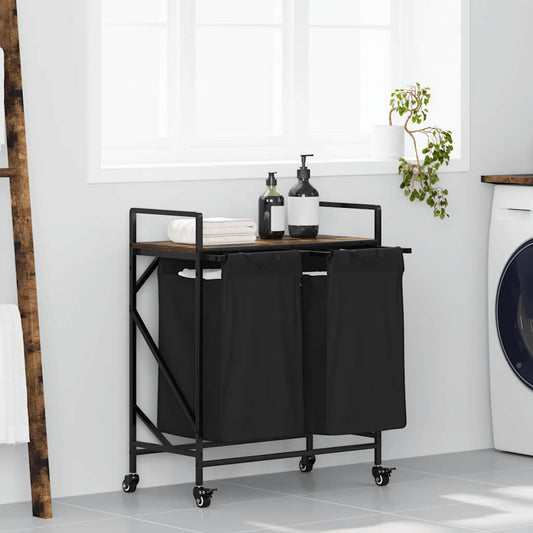 Laundry Basket 2 Compartments with Wheels Smoked Oak