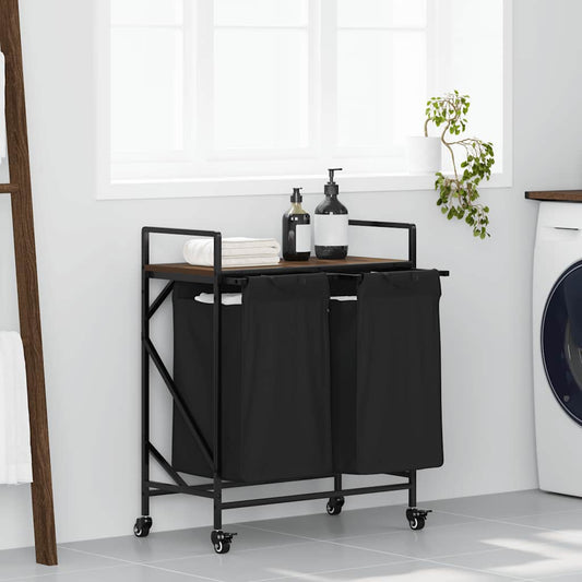 Laundry Basket 2 Compartments with Wheels Brown Oak