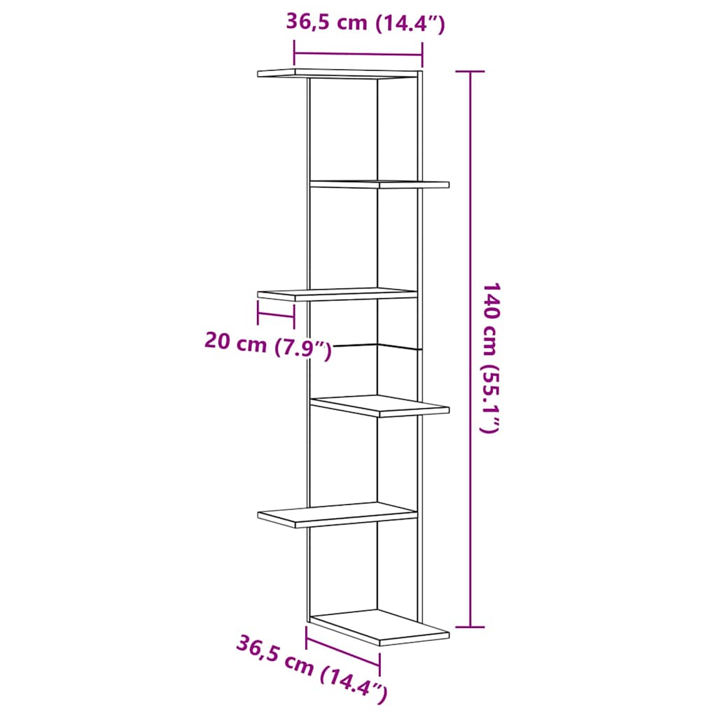 Wall Corner Shelf with Shelf Black Oak 36.5 x 36.5 x140 cm