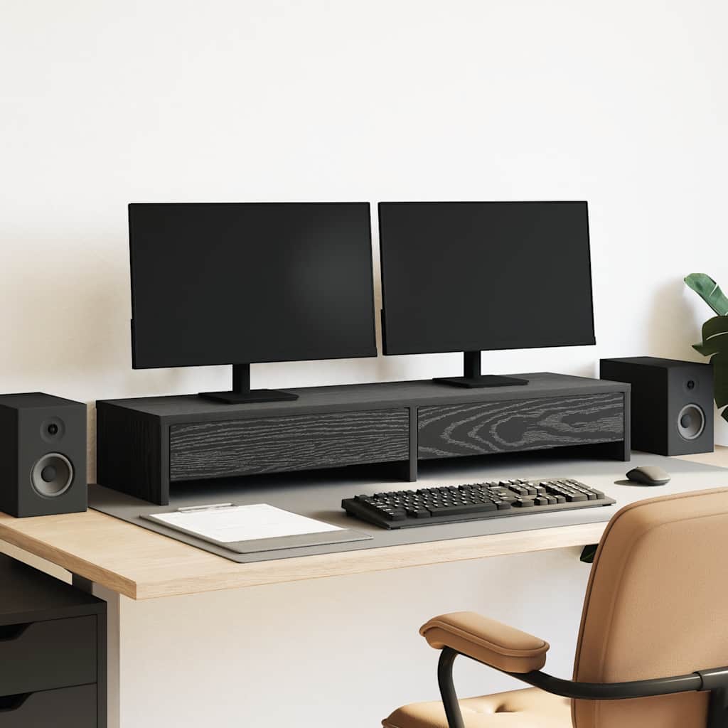 Monitor Stand with Drawers Black Oak 100x27x15 cm