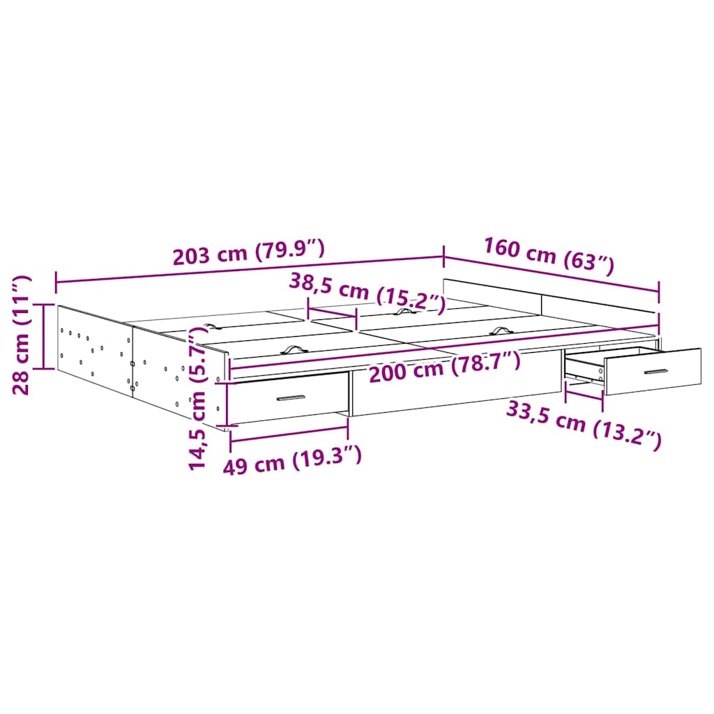 Storage Bed Frame Concrete Grey 160 x 200 cm Engineered Wood