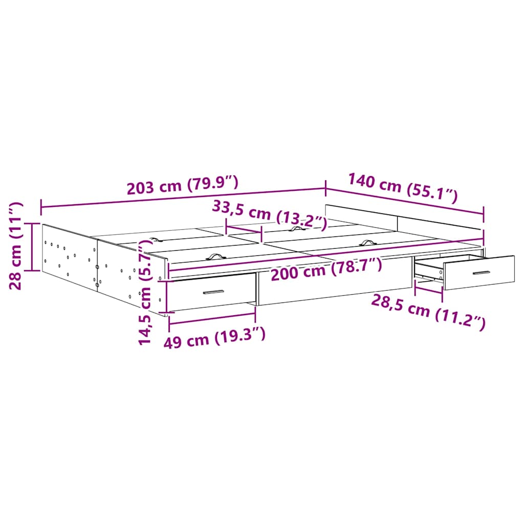 Storage Bed Frame Concrete Grey 140 x 200 cm Engineered Wood