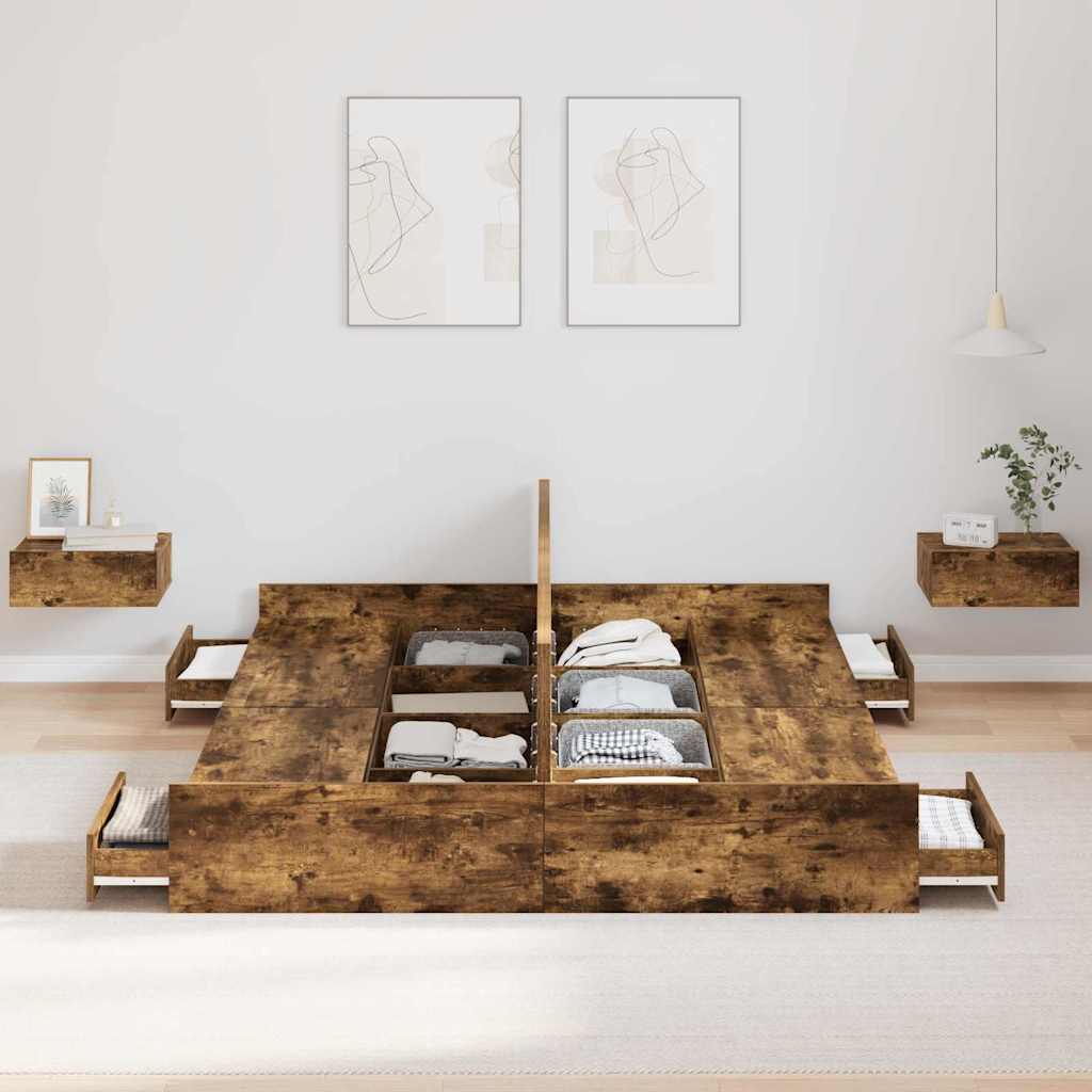 Storage Bed Frame Smoked Oak 140 x 190 cm Engineered Wood