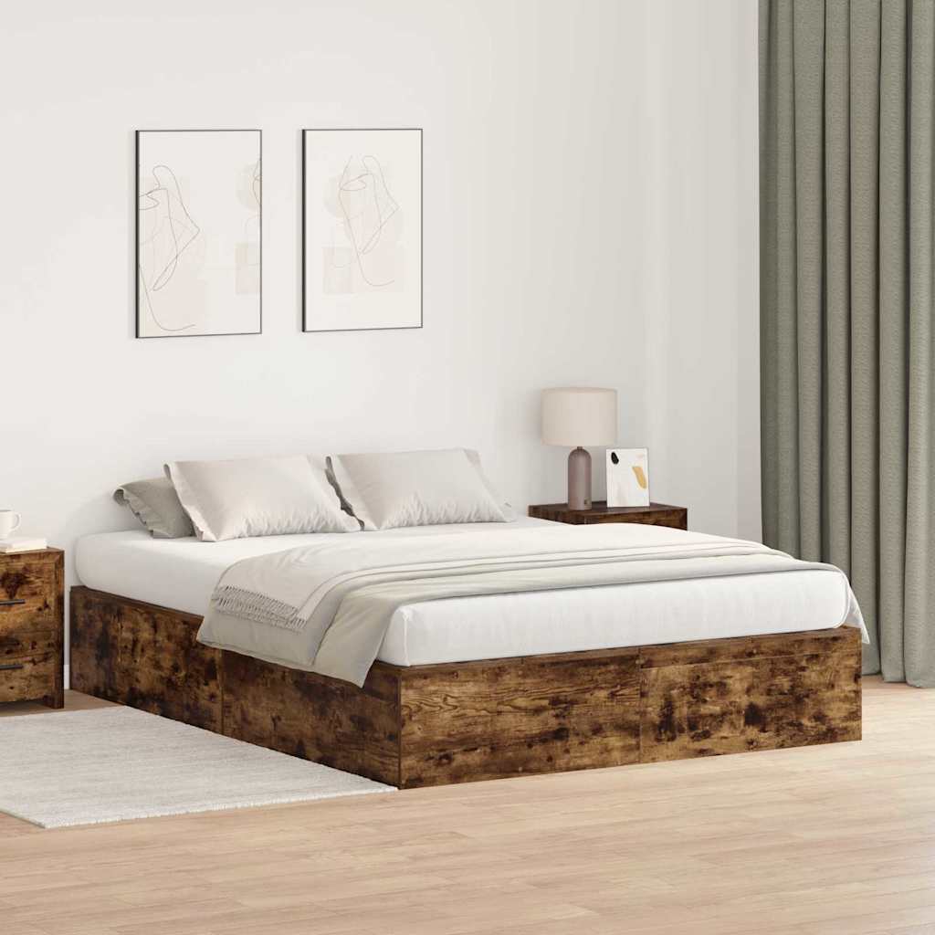 Storage Bed Frame Smoked Oak 135 x 190 cm Engineered Wood
