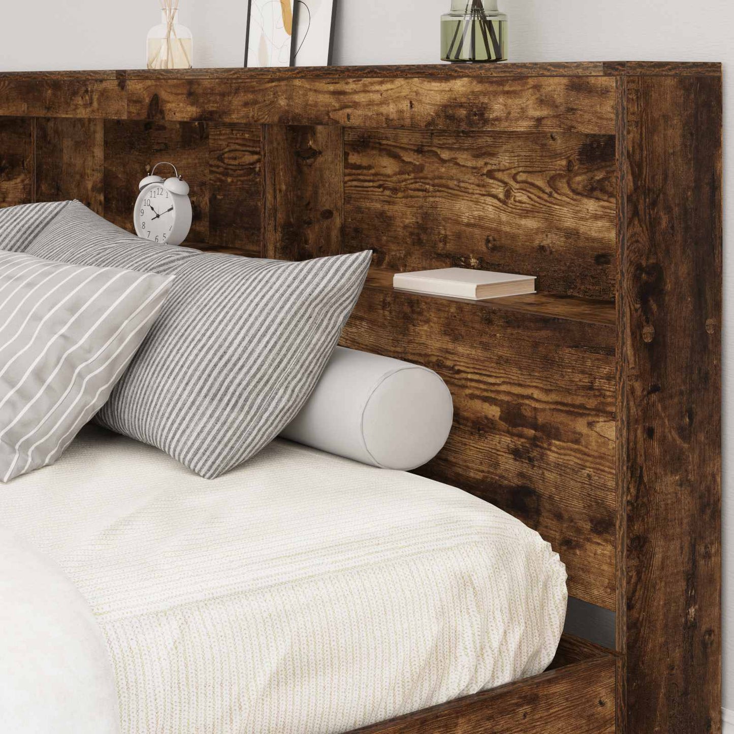 Storage Headboard with Shelf Smoked Oak 180 cm Engineered Wood