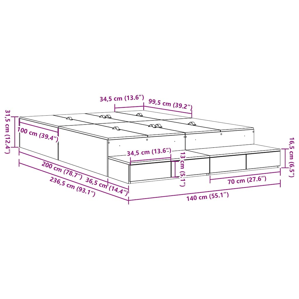 Storage Bed Frame with Drawer White 140 cm Engineered Wood