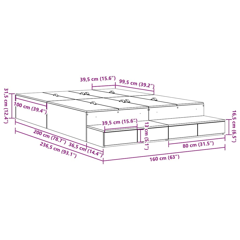 Storage Bed Frame Grey Sonoma 160 cm Engineered Wood