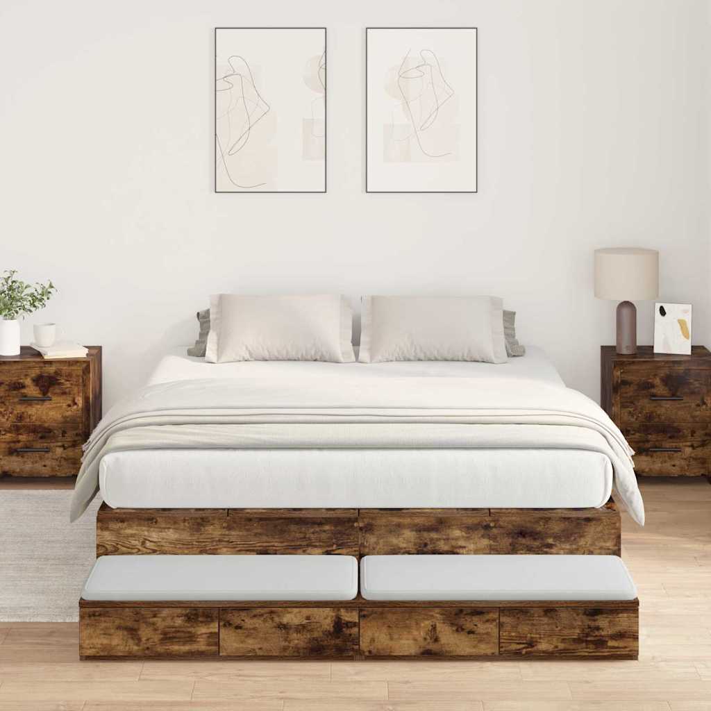 Storage Bed Frame with Drawer Smoked Oak 135 cm Engineered Wood