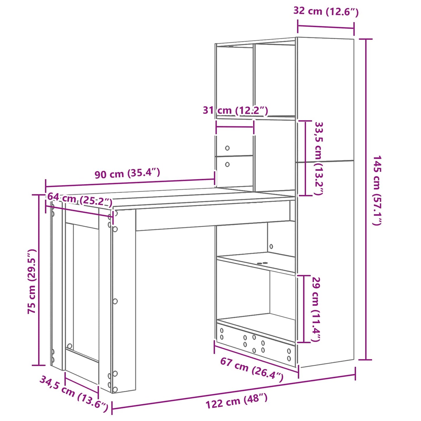 Desk White Engineered Wood 122 x 67 x 145 cm