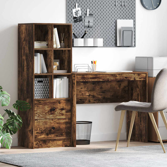 Desk with Drawer with Shelf with Storage 2 pcs Smoked Oak