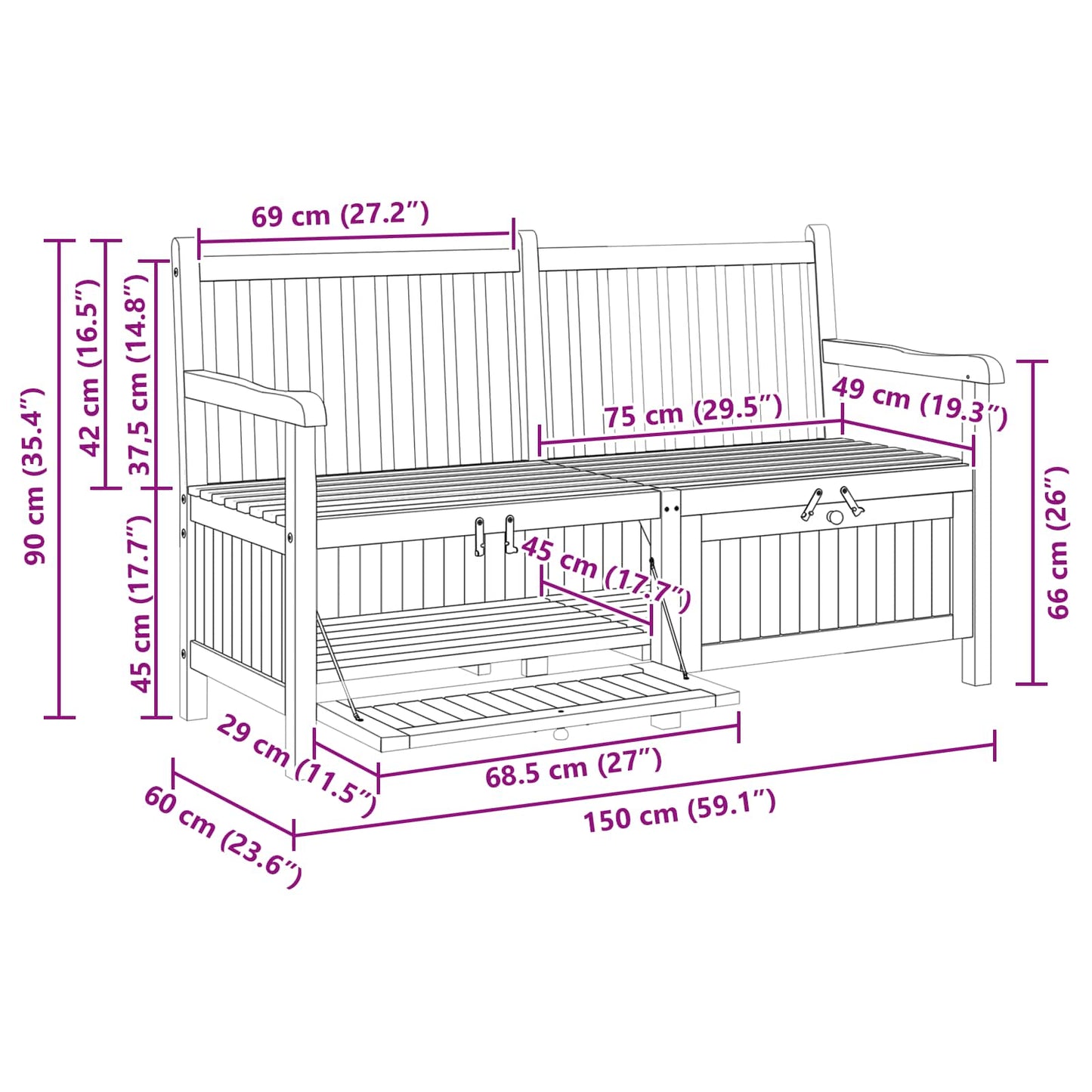 Garden Bench with Storage 150 x 60 x 90 cm Solid Teak Wood