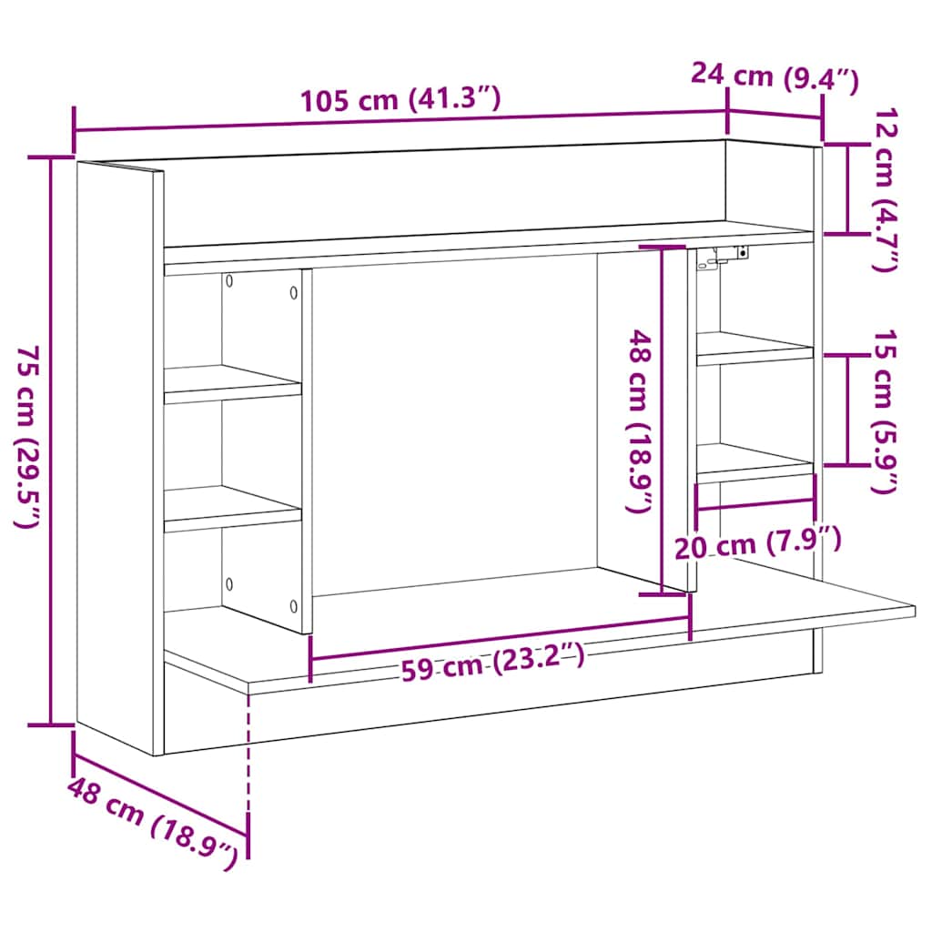 vidaXL Wall-Mounted Desk Black oak 105 x 48 x 75 cm Engineered wood