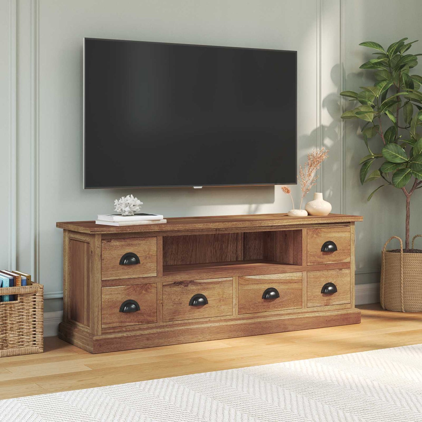 TV Stand with Drawer Natural 110 x 30 x 40 cm Solid Teak Wood