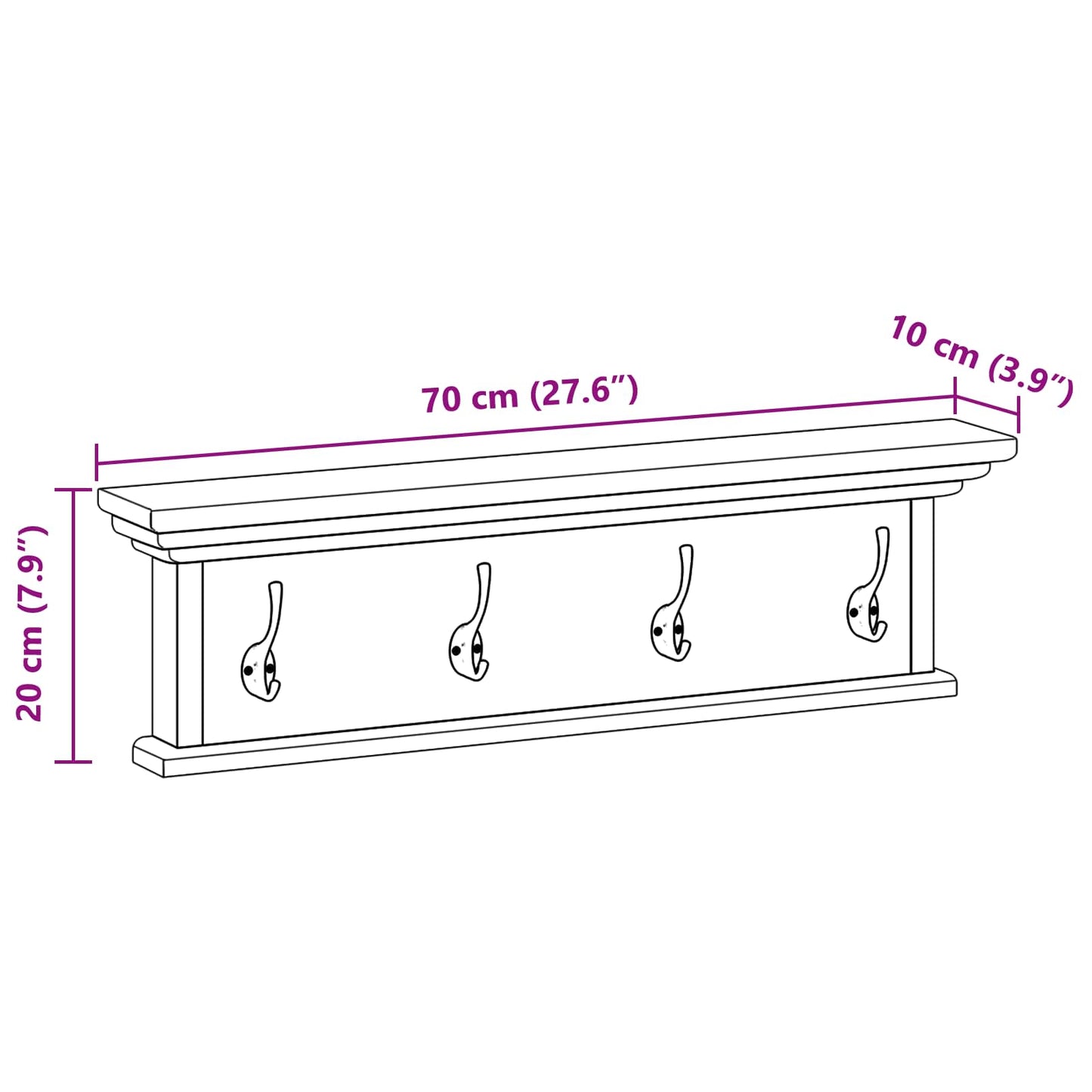 Wall Mounted Coat Rack Natural 70 x 10 x 20 cm Solid Teak Wood