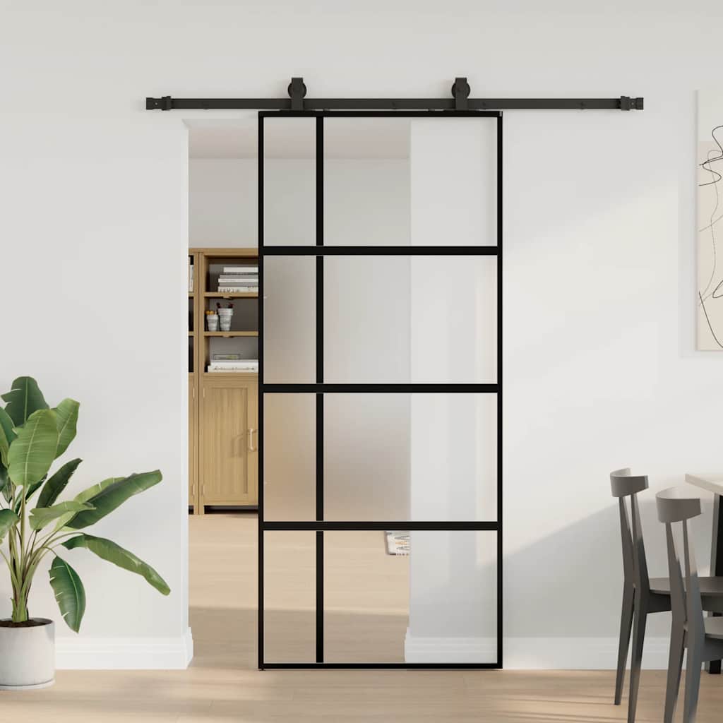 Sliding Door with Hardware Set Black 90x205 cm Tempered Glass