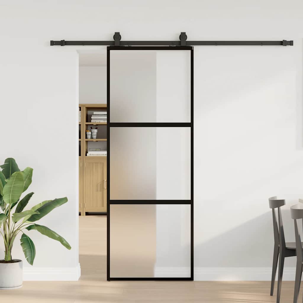 Sliding Door with Hardware Set Black 76x205 cm Tempered Glass
