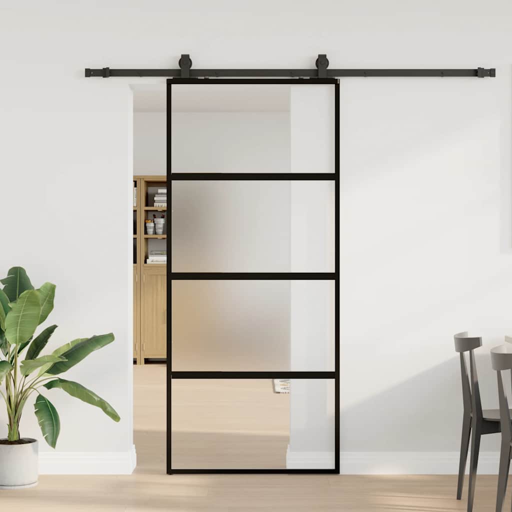 Sliding Door with Hardware Set Black 76x205 cm Tempered Glass