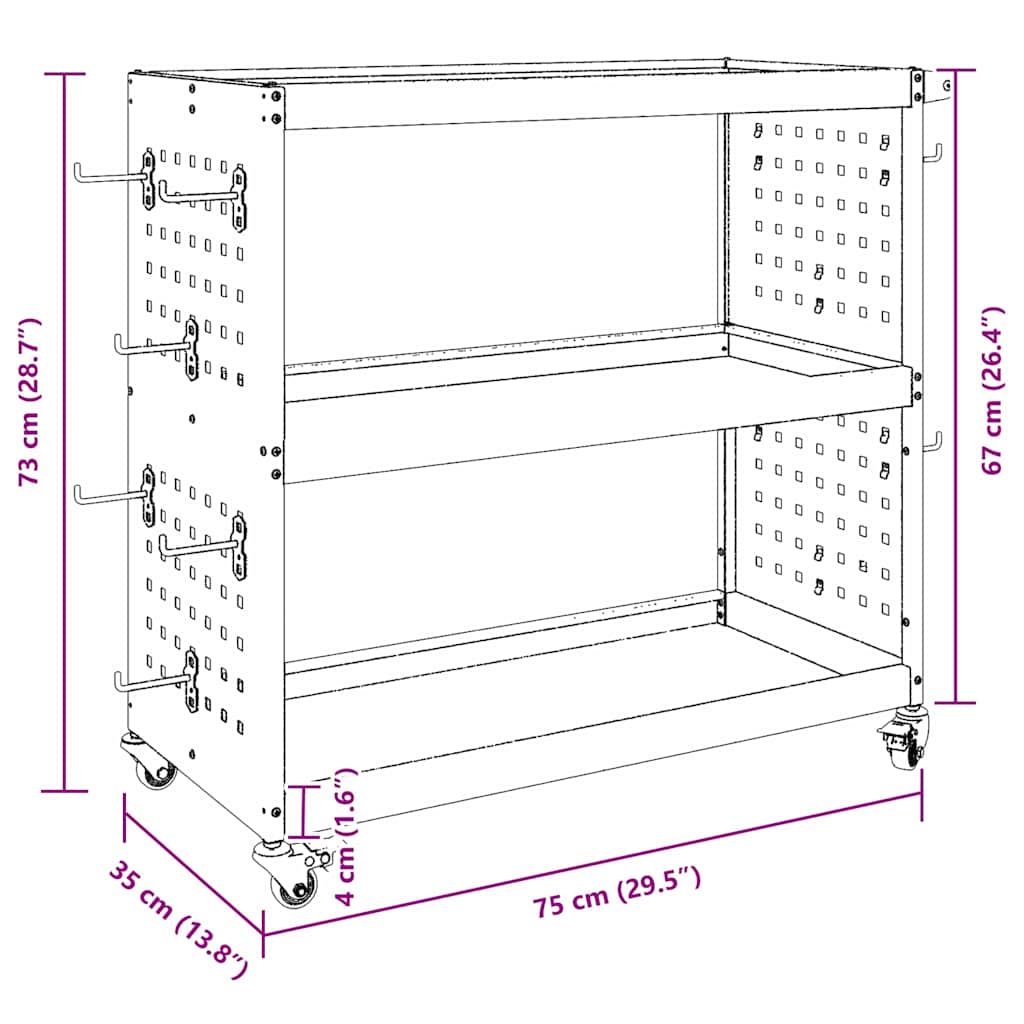 vidaXL Tool Trolley with Shelf Black 75 x 35 x 73 cm Cold-rolded steel