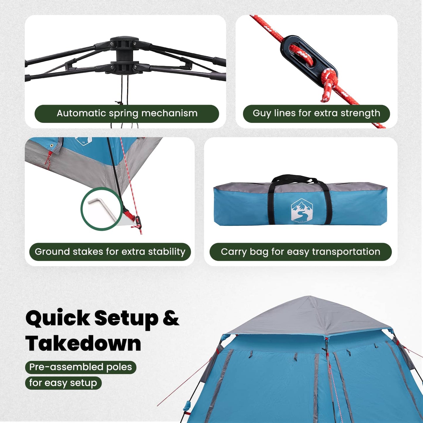 Instant Tent with Rainfly 3-Person Quick-Release with Roof Blue