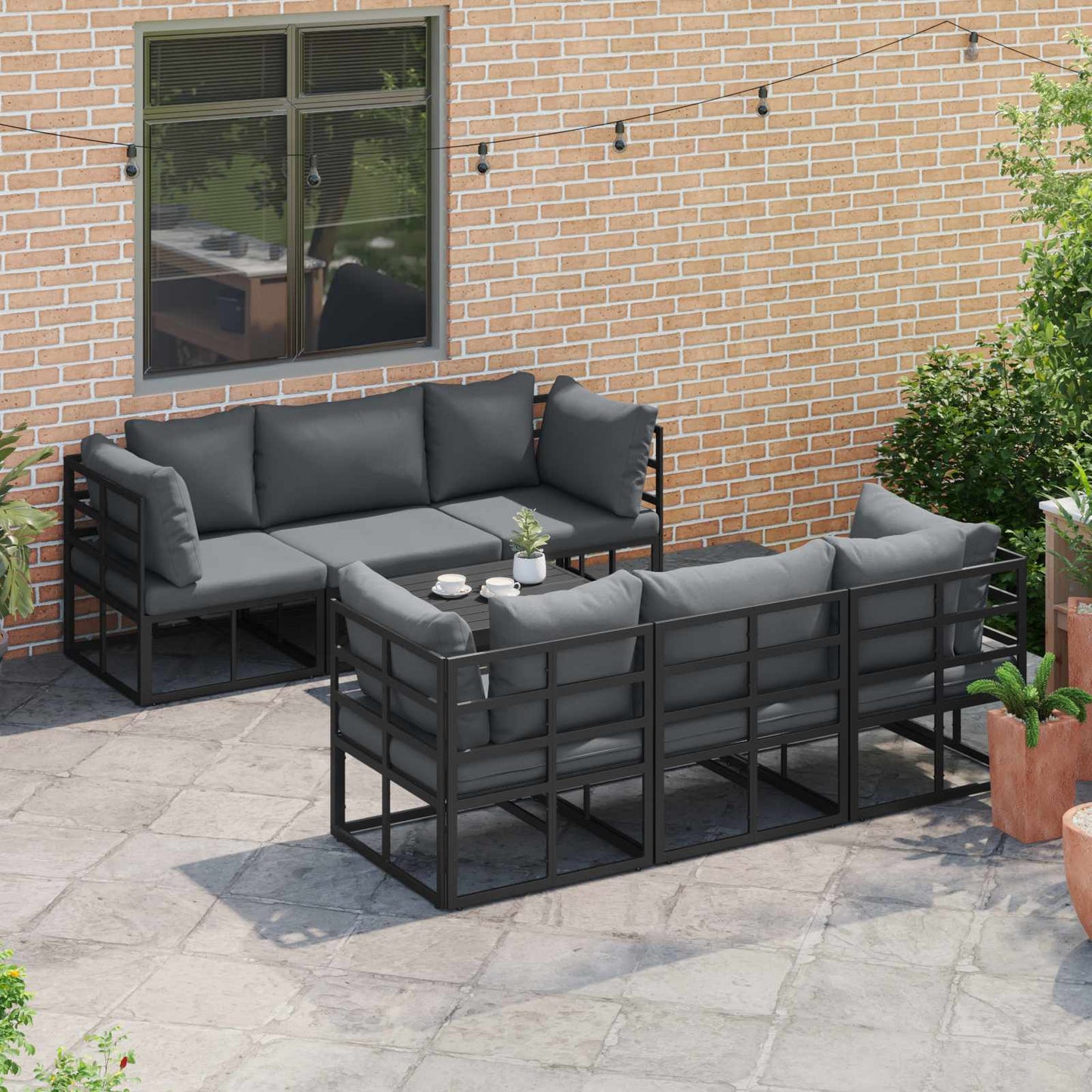 Garden Sofa Set with Cushion 7 pcs Black Aluminium