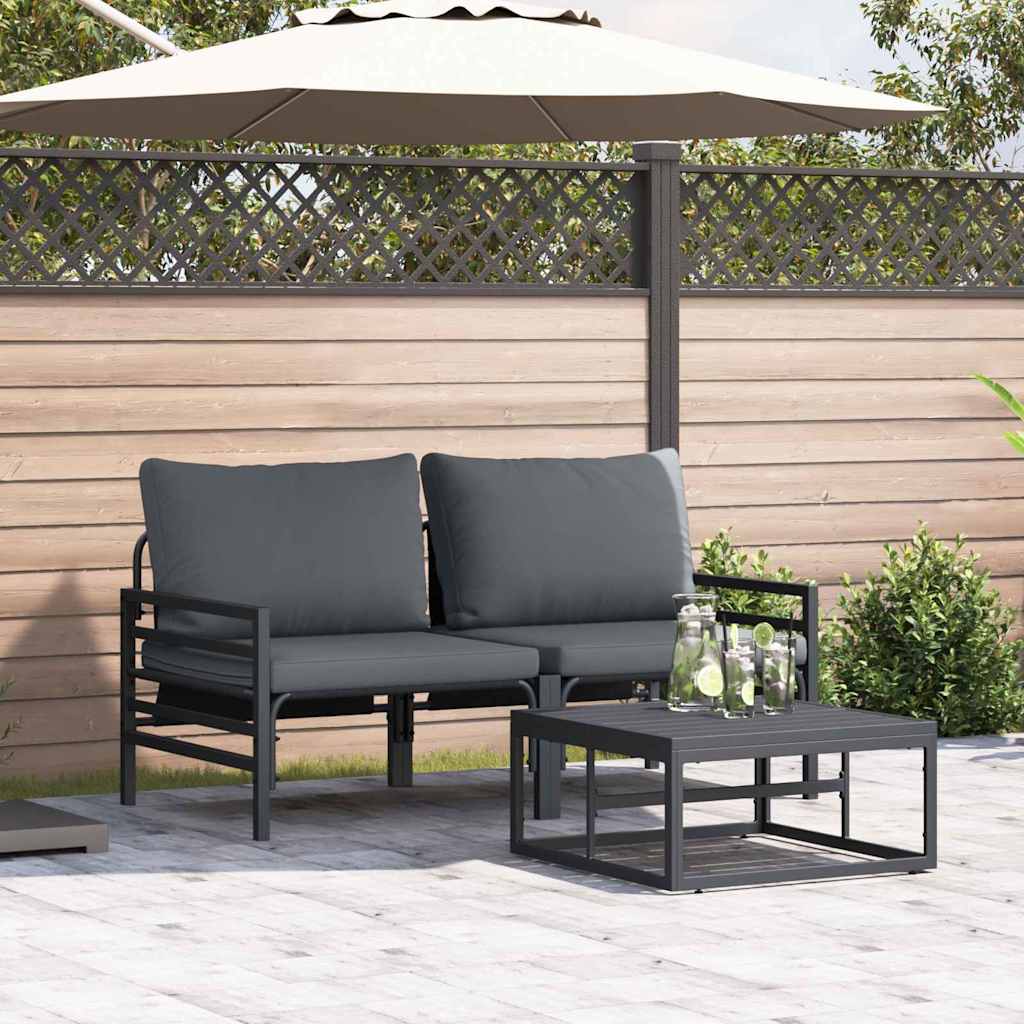 Garden Sofa Set with Cushion 3 pcs Black Steel