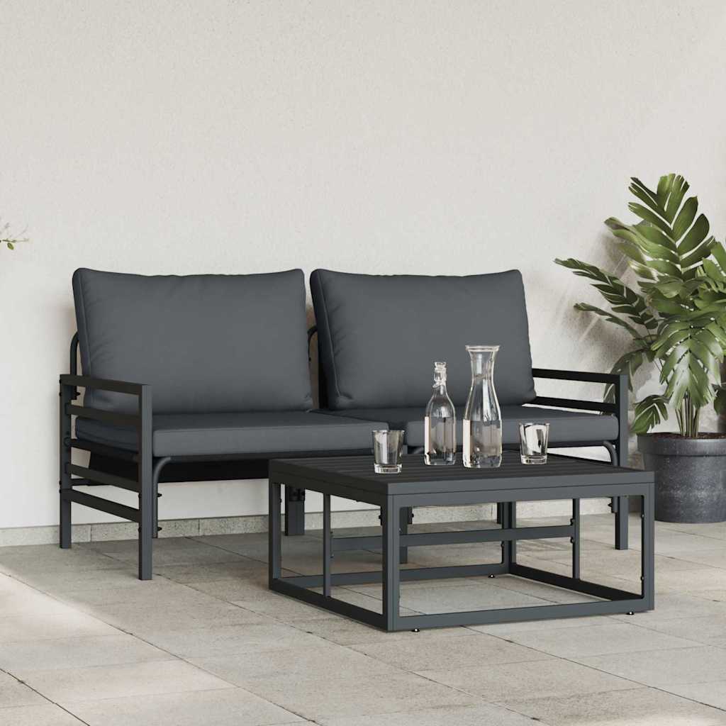 Garden Sofa Set with Cushion 3 pcs Black Steel