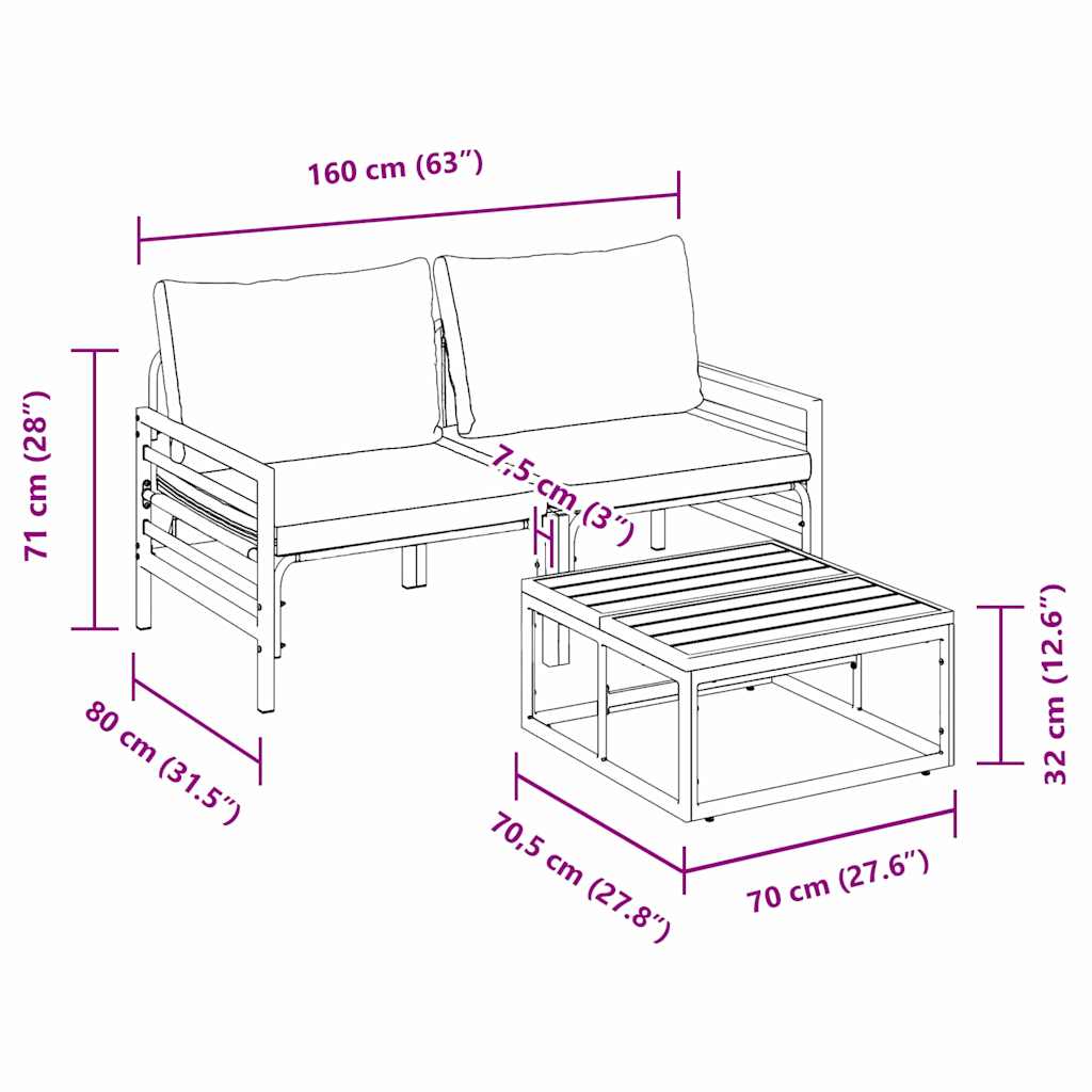 Garden Sofa Set with Cushion 3 pcs Black Steel