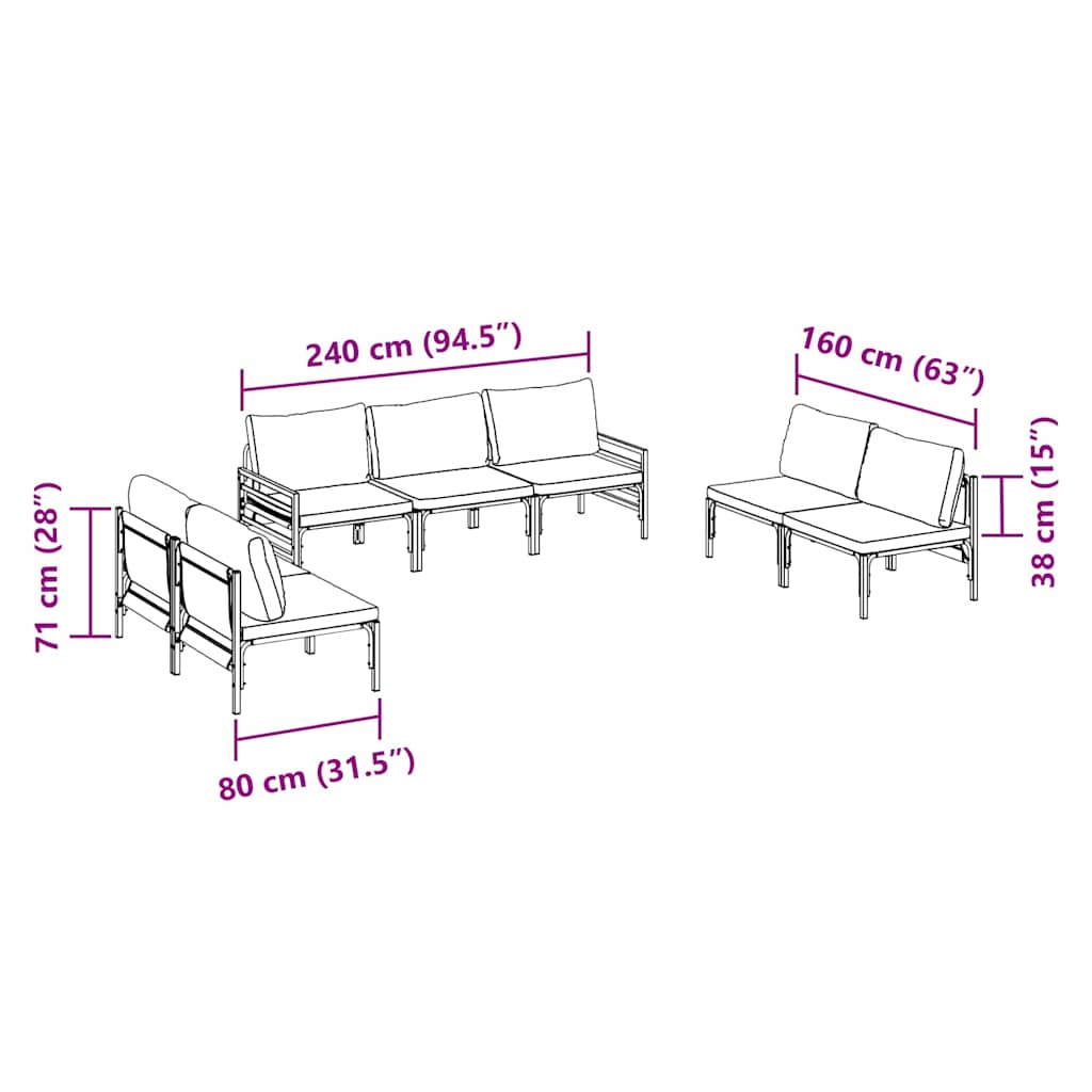 Garden Sofa Set with Cushion 7 pcs Black Steel