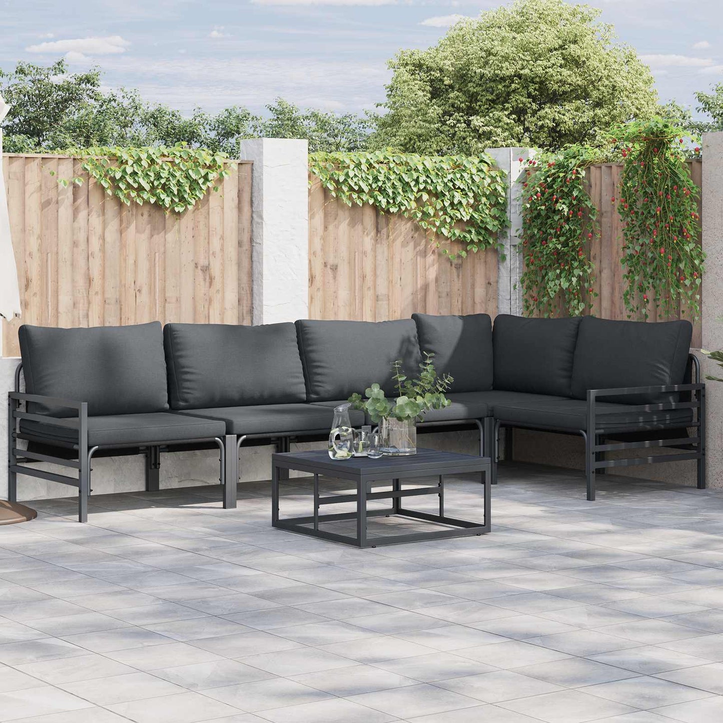 Garden Sofa Set with Cushion 5 pcs Black Steel