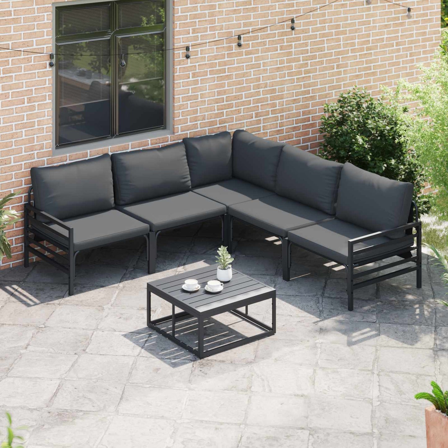 Garden Sofa Set with Cushion 5 pcs Black Steel
