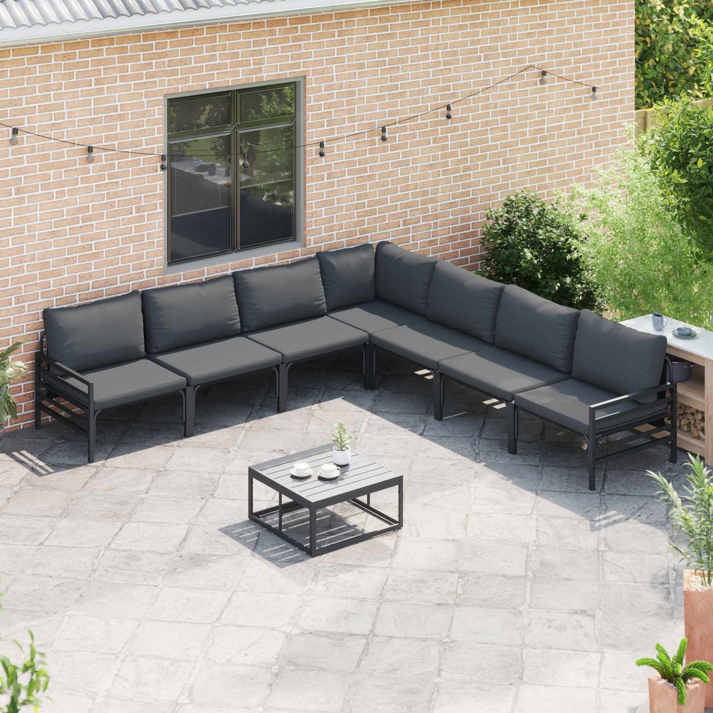 Garden Sofa Set with Cushion 7 pcs Black Steel