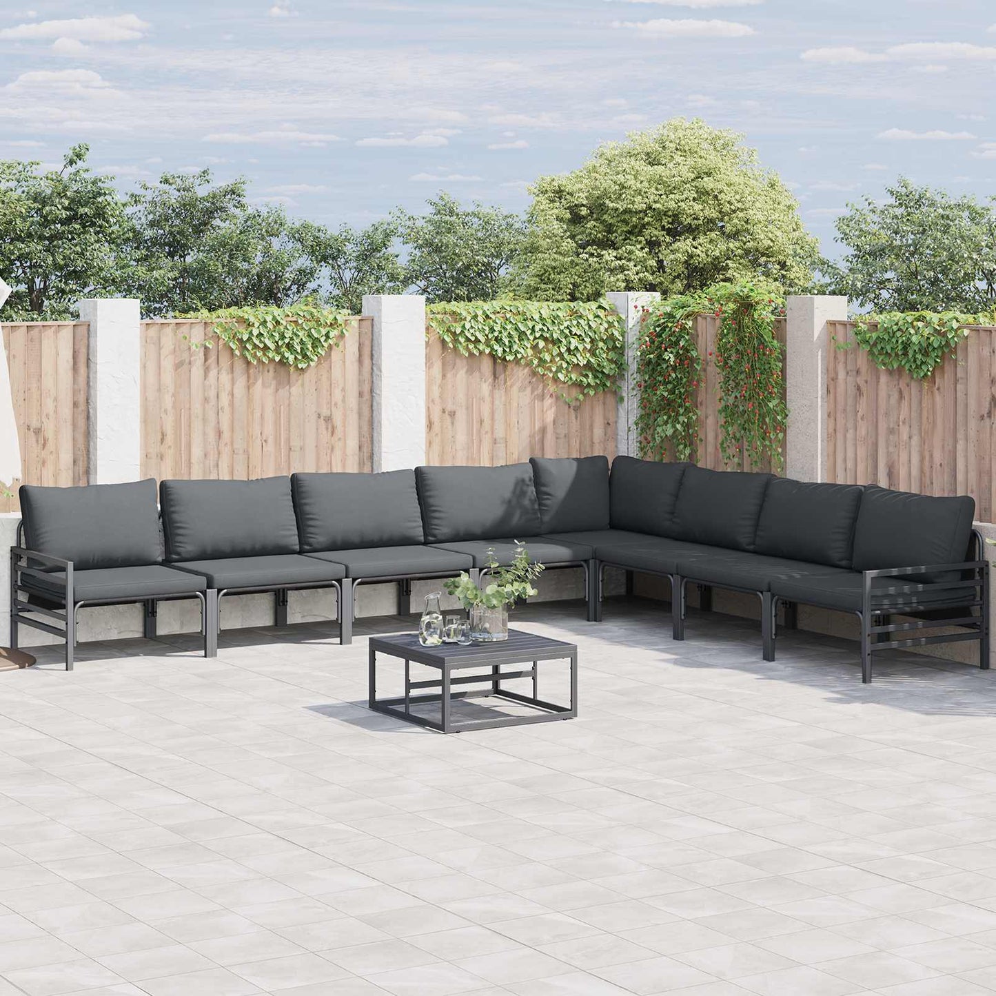Garden Sofa Set with Cushion 9 pcs Black Steel