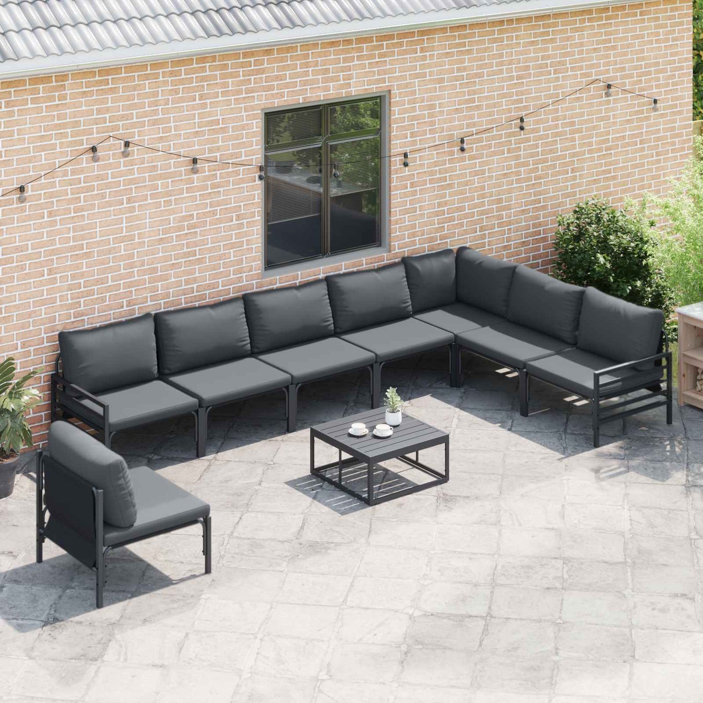 Garden Sofa Set with Cushion 9 pcs Black Steel