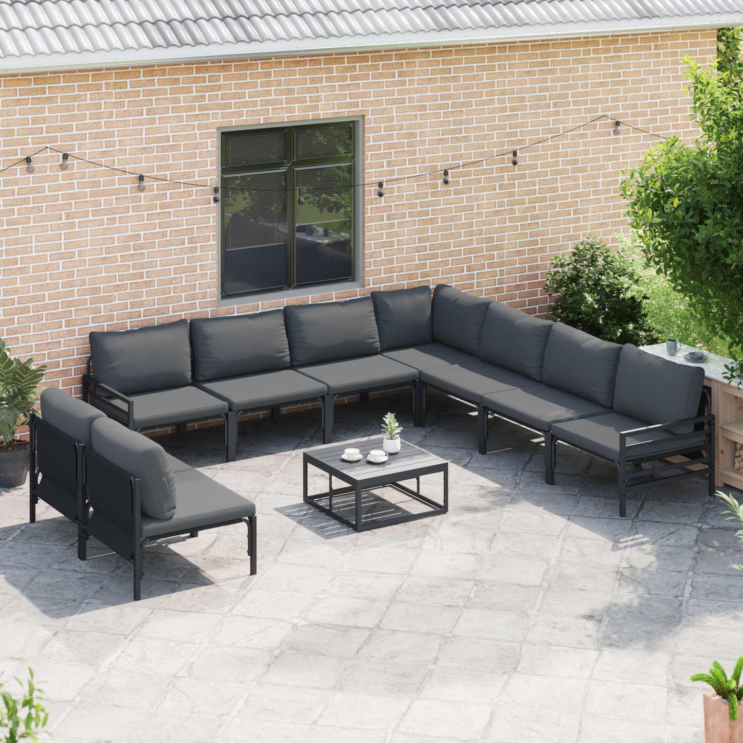 Garden Sofa Set with Cushion 9 pcs Black Steel