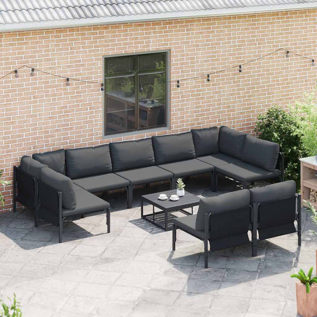 Garden Sofa Set with Cushion 10 pcs Black Steel