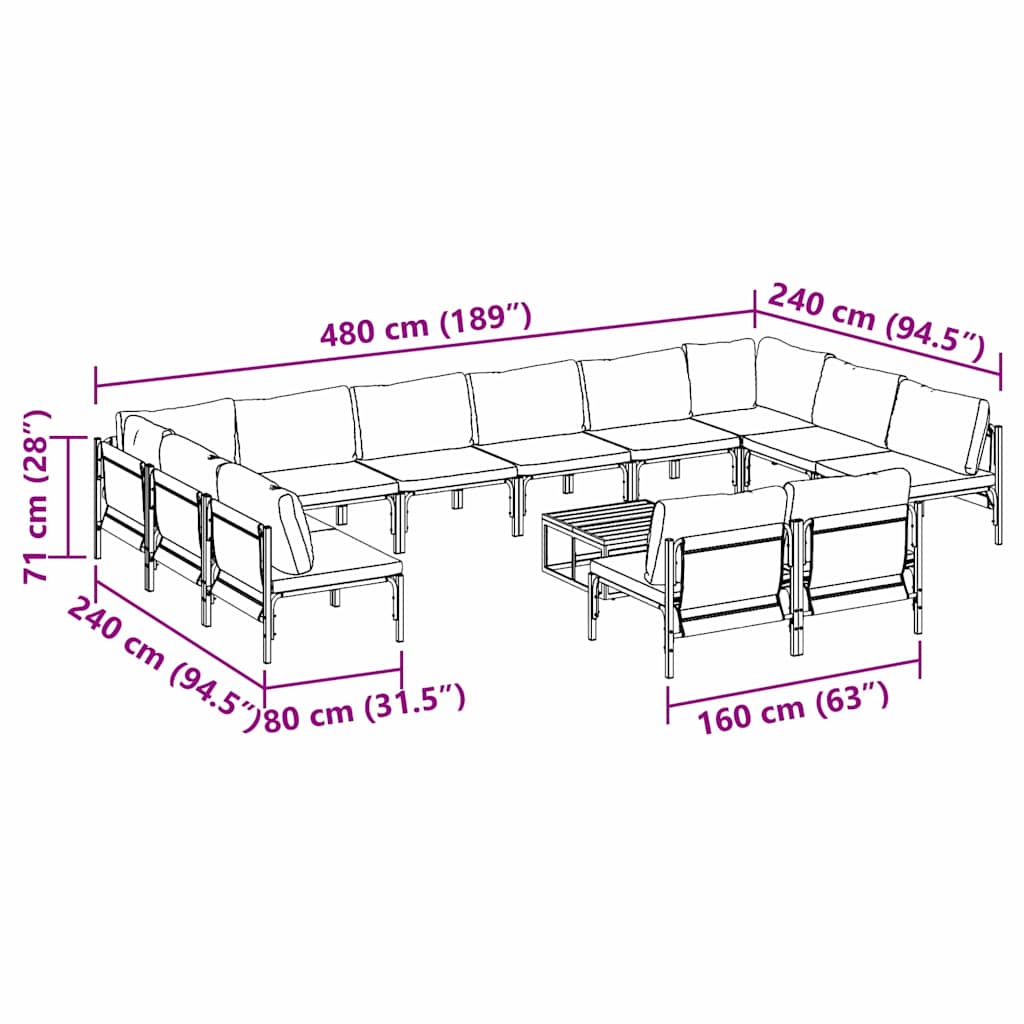 Garden Sofa Set with Cushion 13 pcs Black Steel