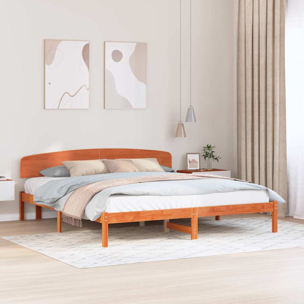 Bed Frame with Headboard Wax Brown 200 x 200 cm Solid Pine Wood