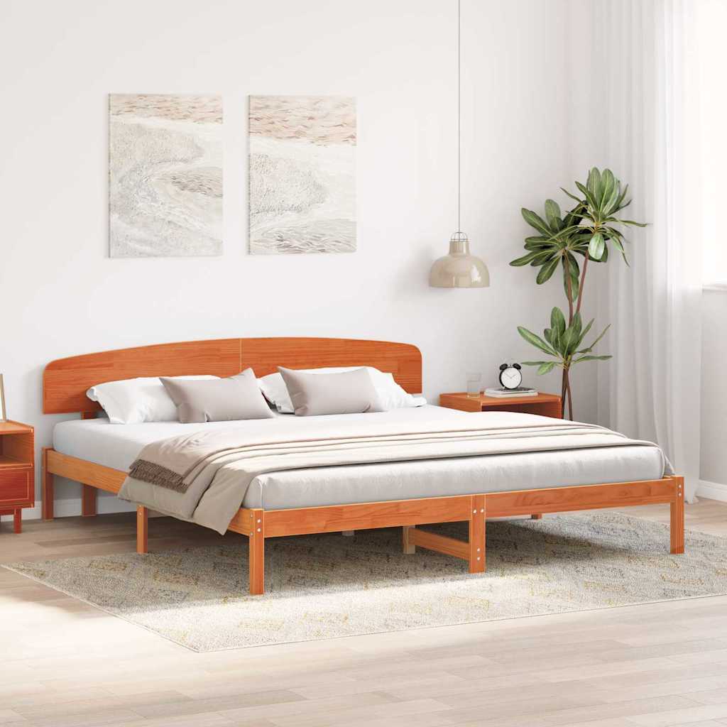Bed Frame with Headboard Wax Brown 200 x 200 cm Solid Pine Wood